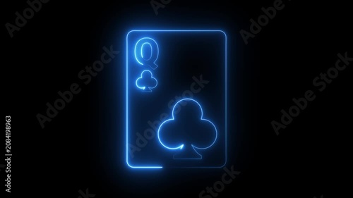 Neon queen of clubs playing card glowing animation on black background, light