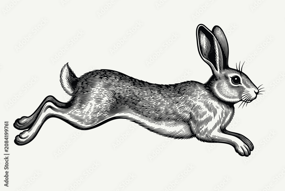 Obraz premium Classic detailed vintage woodcut engraving style sketch of a wild rabbit running fast against a neutral background.
