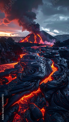 Erupting volcano with flowing lava landscape.