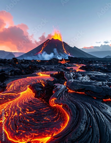 Erupting volcano with flowing lava landscape.