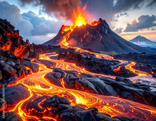 Erupting volcano with flowing lava landscape.