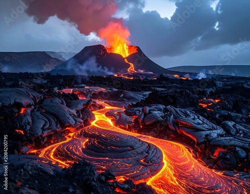 Erupting volcano with flowing lava landscape.