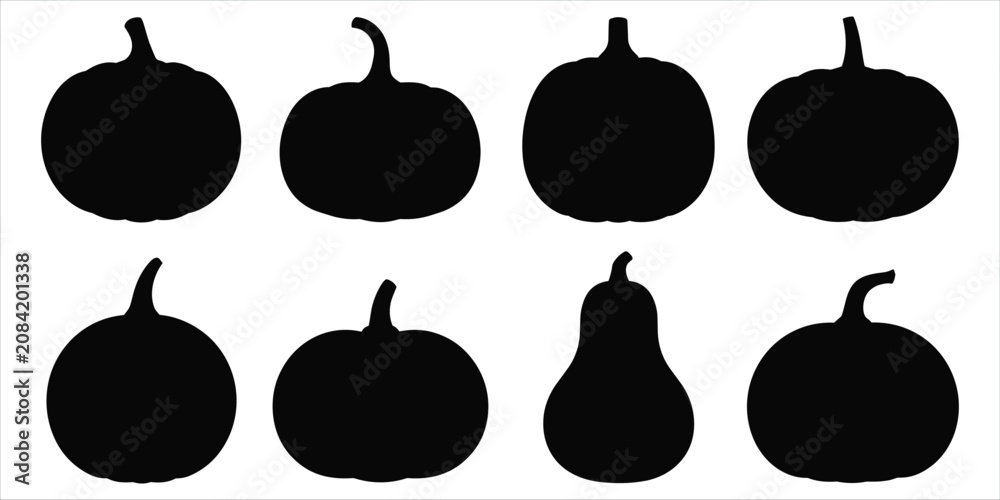 Ταπετσαρία Collection of eight black pumpkin silhouettes with stems on a white background s