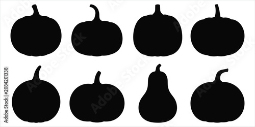 Φωτογραφία Collection of eight black pumpkin silhouettes with stems on a white background s