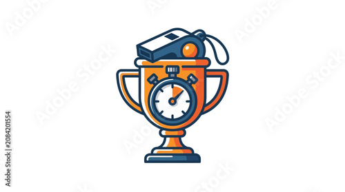 A golden trophy cup featuring a stopwatch and a sports whistle icon