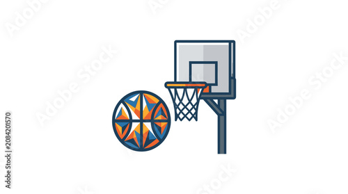 A stylized graphic illustration featuring a basketball and a hoop against a clean white background