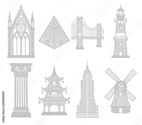 Set of eight isolated embroidered architectural landmark symbols on a transparent background, featuring a Gothic window, pyramid, suspension bridge, lighthouse, classical column, Asian pagoda, skyscra