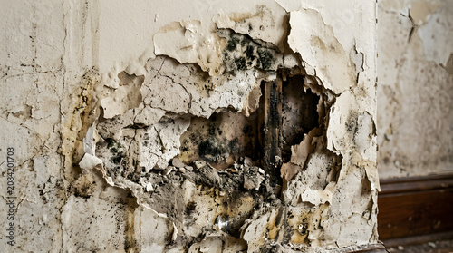 Severe water damage on interior room wall with peeling paint and black mold infestation