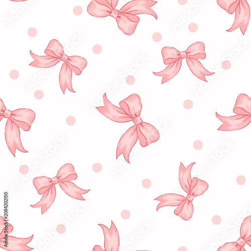 Ribbon pink bow seamless pattern with soft polka dots on white background, cute feminine decorative repeat for fabric, wallpaper and wrapping paper.