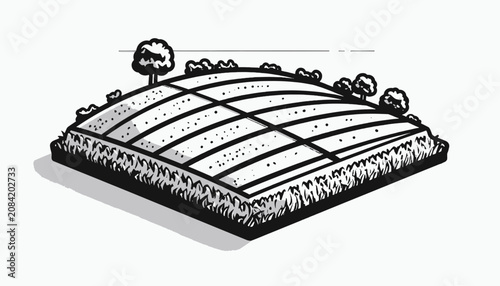 A black and white illustration farm.
