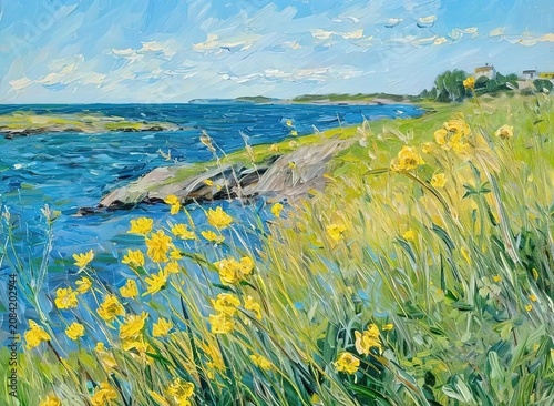 Impressionist Coastal Yellow Wildflowers Rocky Shore Blue Ocean Houses