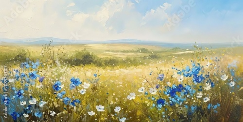 Impressionist Blue Cornflowers White Daisies Golden Grass Summer Pastoral