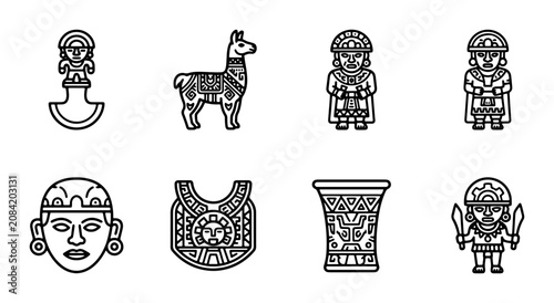 Inca Icons Set: Llama, Warriors, Figures, Artifacts, Vector Art