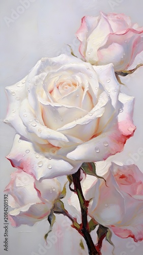 Impasto White Pale Pink Roses Water Droplets Romantic Classic Floral