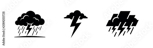 Bild auf Leinwand Stormy Weather Icons Set with Thunderclouds, Rain, and Lightning Bolts