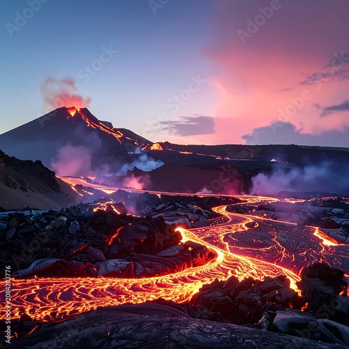Erupting volcano with lava flows landscape.
