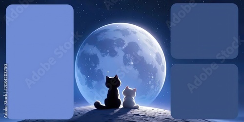 Cute UI Cats Moon Starry Night Text Panels Dreamy Dark Blue