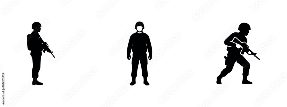 Fototapeta premium Military Soldier Icons Set with Armed Personnel in Uniform