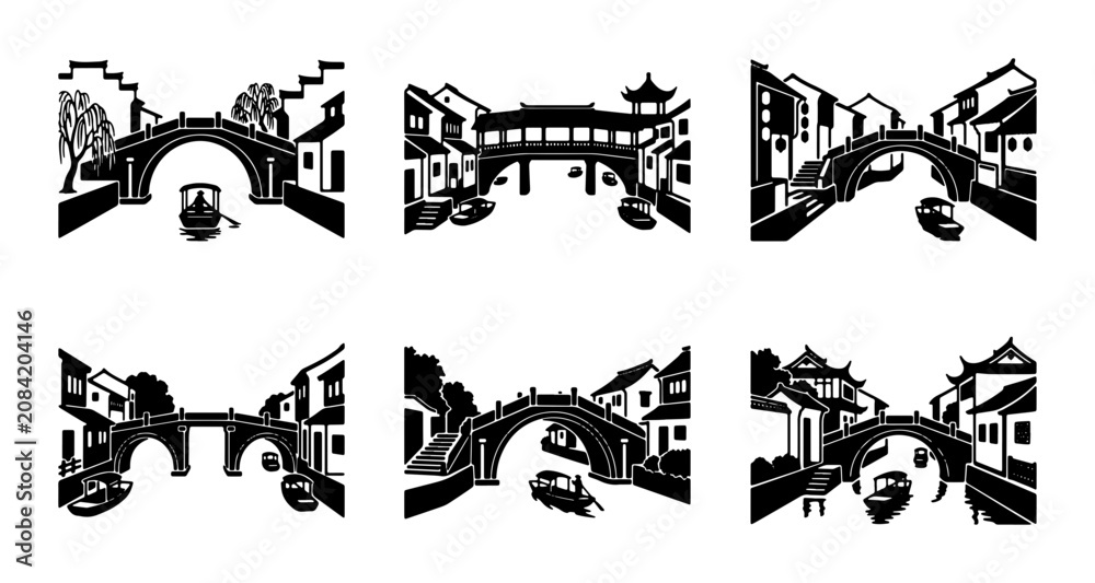 Fototapeta premium Chinese Bridges, Waterways, Architecture: Vector Set