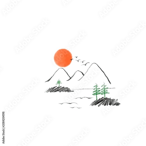 Line Art Mountains Pine Trees Orange Sun Birds Water Waves