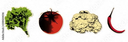 Vegetables collection in halftone pop art style. Tomato, lettuce, cauliflower, and Chili pepper stickers in vintage style. Set of cut out paper vegetables with halftone dot texture. Vector