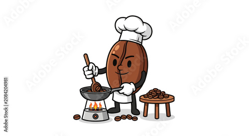 Schilderij op canvas Cartoon coffee bean chef cooking espresso.
