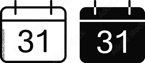 Two Calendar Icons Showing the 31st Day One Outline and One Solid Black on White Keywords: calendar, date, day, number, 31