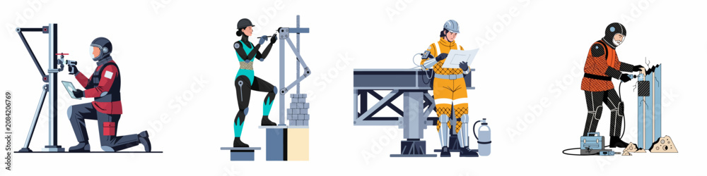 Fototapeta premium Futuristic industrial workers and engineers in protective suits performing various construction and technical tasks on a white background.
