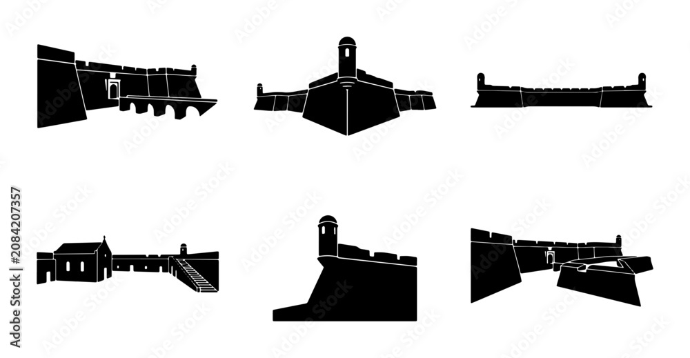 Obraz premium Fortification Silhouettes, Castle Walls, Military Architecture Collection
