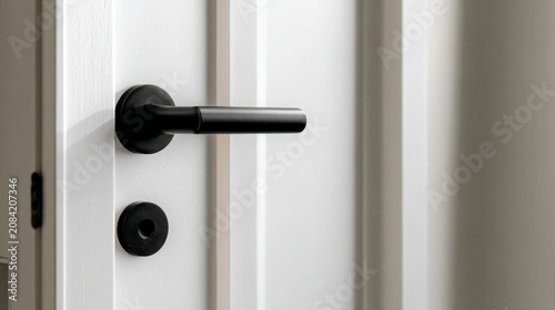 Black metal door handle on white minimalist interior door, modern home entrance hardware, contemporary architectural detail, clean residential design, elegant lever handle with simple white door