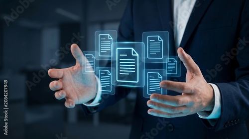 Knowledge Base KB and Document Search System. Enterprise Knowledge Management and Document Repository. Businessperson Holding Icons