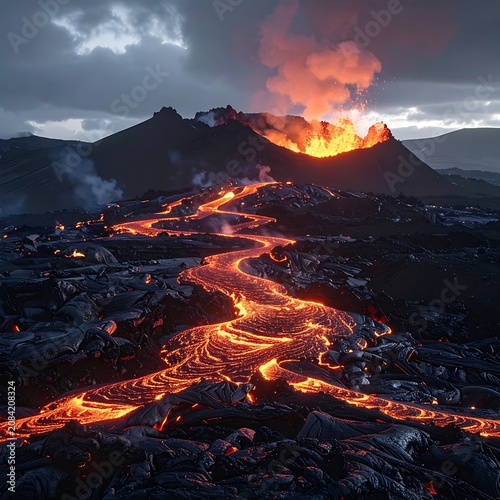 Fiery Lava Flow Descends from Volcanic Eruption Under Dramatic Sky.