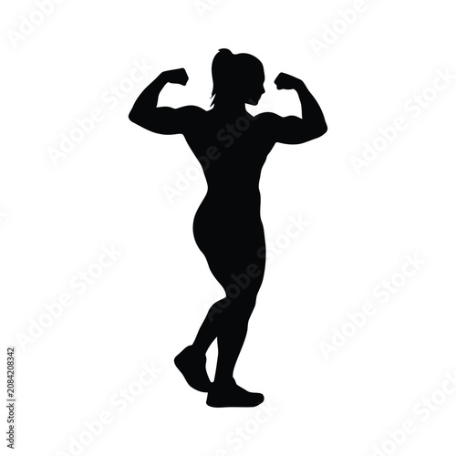 Woman in a strong pose with flexed muscles and long hair