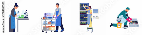 Foto Set of diverse laboratory scientists and technicians conducting research, performing experiments, and managing biological samples in a professional modern scientific facility