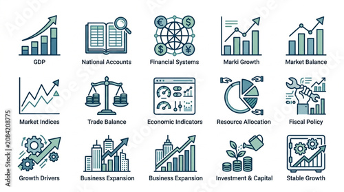 Collection of Business and Finance Icons Representing Growth and Analysis.
