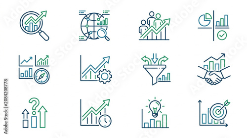 Collection of Business and Finance Icons Representing Growth and Analysis.