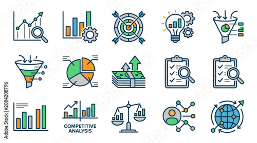Collection of Business and Finance Icons Representing Growth and Analysis.