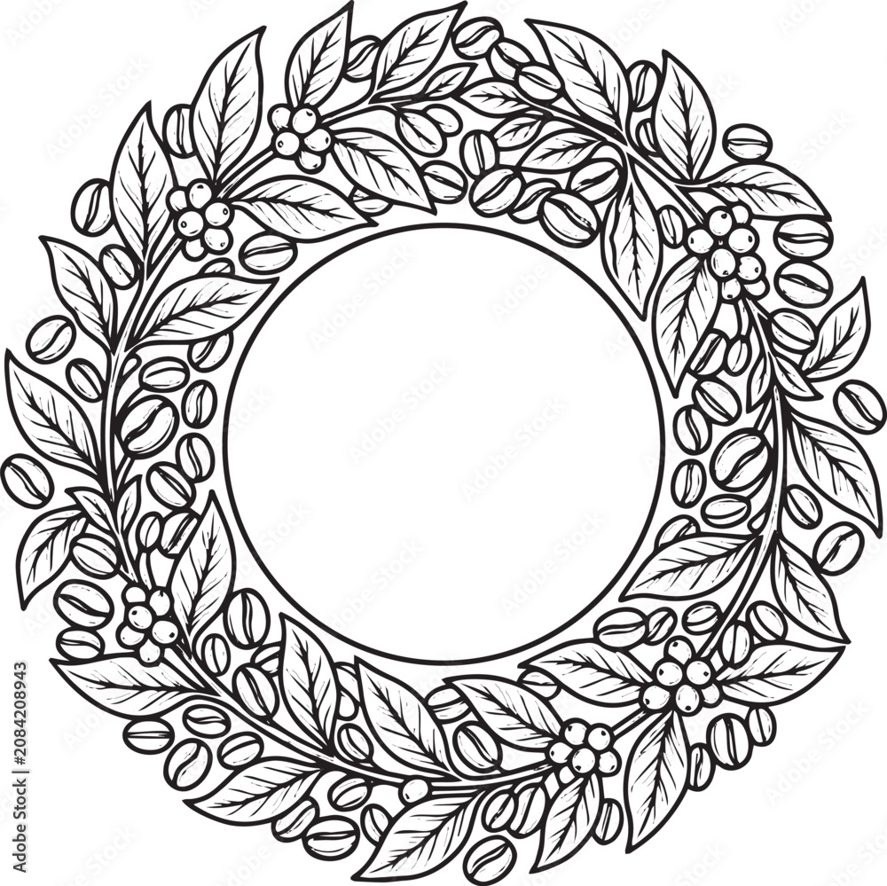 Obraz premium Coffee Beans and Leaves Decorative Floral Wreath
