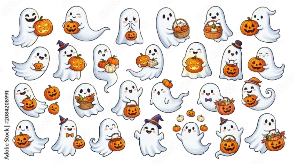 Fototapeta premium 25 unique ghosts holding jack-o'-lanterns, carved pumpkins, mini pumpkins and pumpkin baskets, isolated on white background.