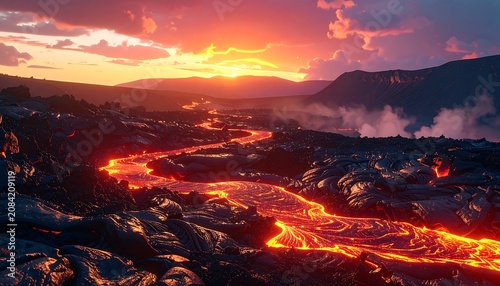 Fiery Lava Flow Illuminates Dramatic Sunset Over Volcanic Landscape.
