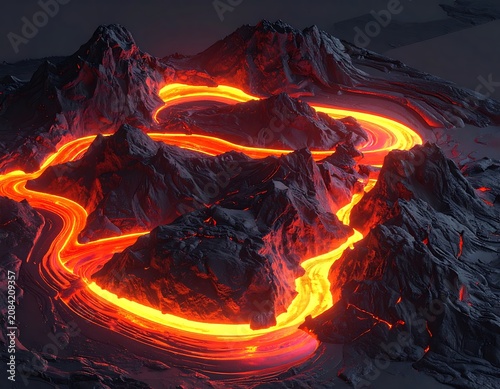 Fiery Lava Flow Through Jagged Volcanic Landscape at Night.