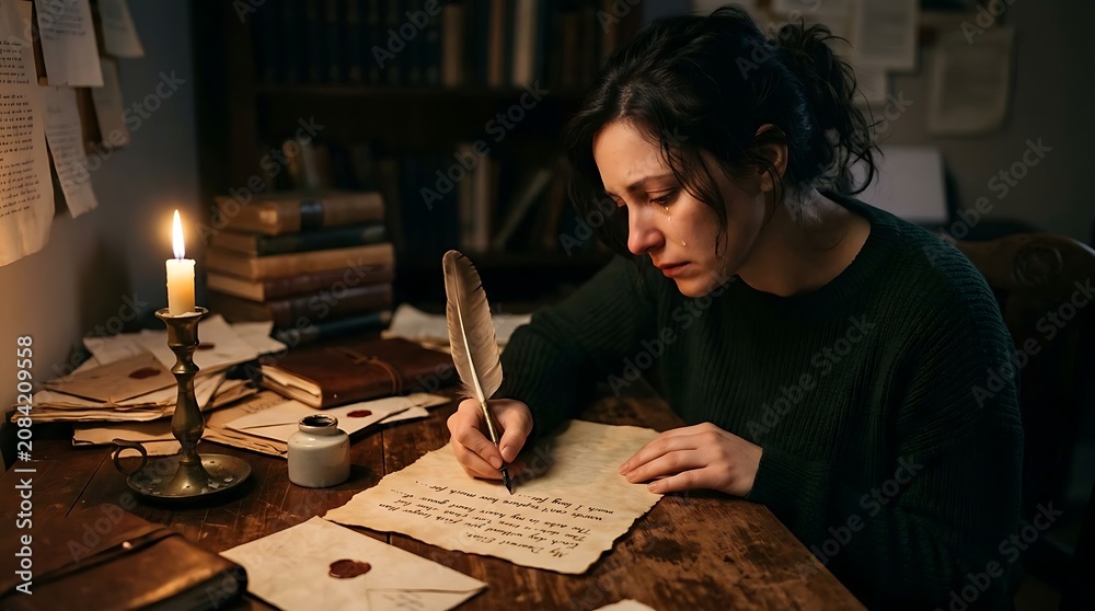 Fototapeta premium Focused woman writing with a quill pen on old paper at a vintage desk with books