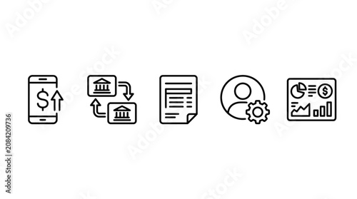 Set of financial and business icons including mobile banking, transaction, document, user settings, and performance graph