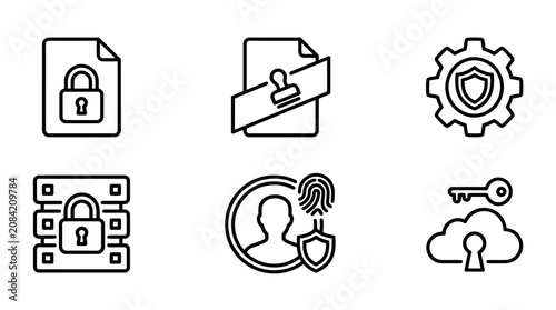 Cybersecurity and digital data protection outline icon set for web security authentication encrypted documents and cloud storage safety