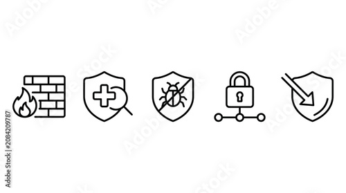 Essential cybersecurity line icons depicting digital protection, network security, data privacy, antivirus defense, and firewall safeguards against online threats