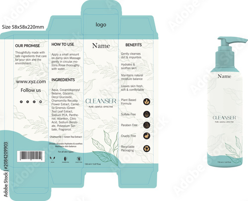 Cosmetic Packaging Mockup for gentle cleanser Box and Bottle.