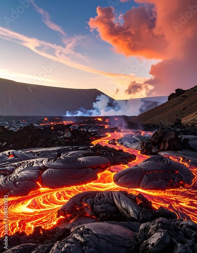 Fiery Lava Flowing Through Volcanic Landscape Under Dramatic Sunset Sky.
