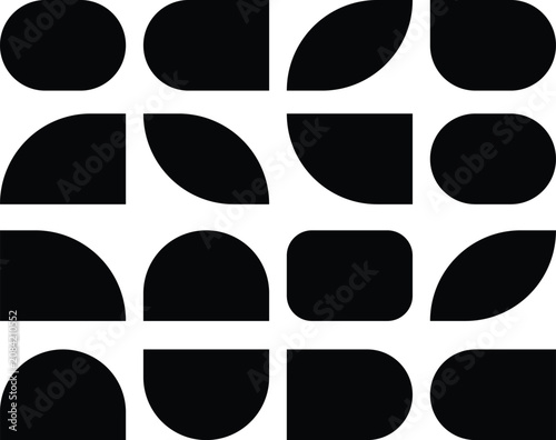 Minimalist black geometric shapes arranged in a clean grid pattern for modern creative graphic design projects set on transparent background