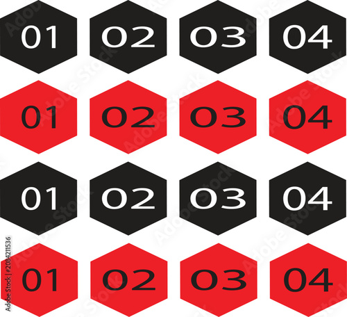 Minimalist vector graphic illustration featuring sixteen colorful hexagon shapes with numbered text elements displayed in a clean grid pattern on transparent background.