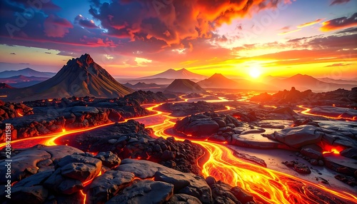 Fiery Volcano Landscape at Sunset with Lava Flows.